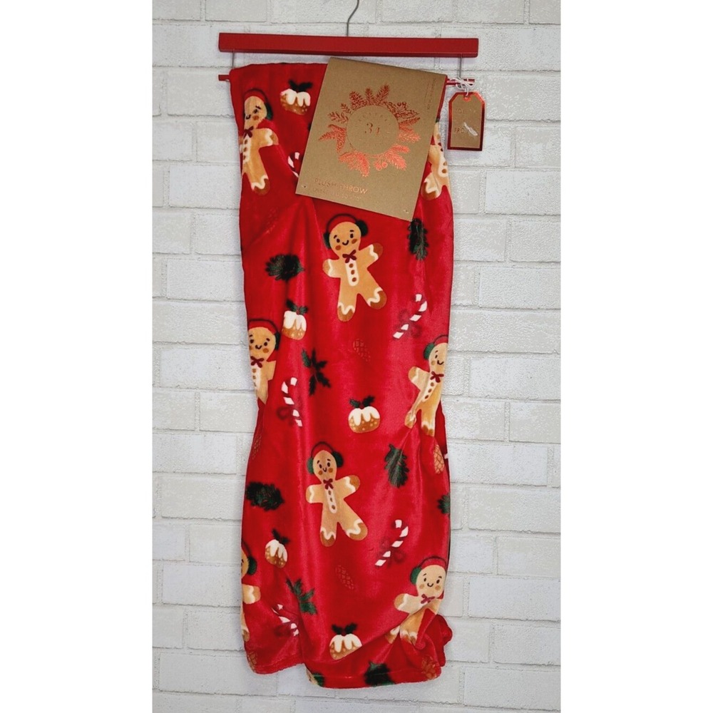 Red Gingerbread Man Candy Cane Throw Blanket Christmas Artisan 50x70 Baking‎ NEW